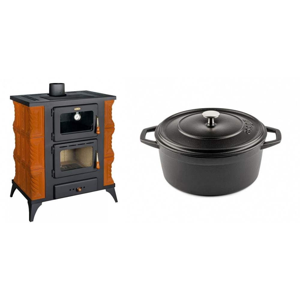 Set Kaminofen, Holzofen mit Backfach Prity, Modell FMS RK, Leistung 12kW, Keramikverkleidung, Füße + Gusseisen Topf Tiefer Solagio, Black Onyx, Ф24