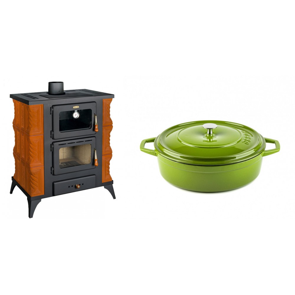 Set Kaminofen, Holzofen mit Backfach Prity, Modell FMS RK, Leistung 12kW, Keramikverkleidung, Füße + Gusseisen Topf Flach Solagio, Bamboo, Ф26