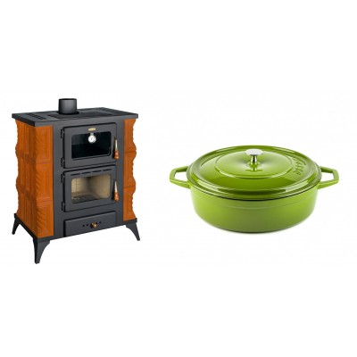 Set Kaminofen, Holzofen mit Backfach Prity, Modell FMS RK, Leistung 12kW, Keramikverkleidung, Füße + Gusseisen Topf Flach Solagio, Bamboo, Ф26 - Kaminofen - Holzofen mit Backfach