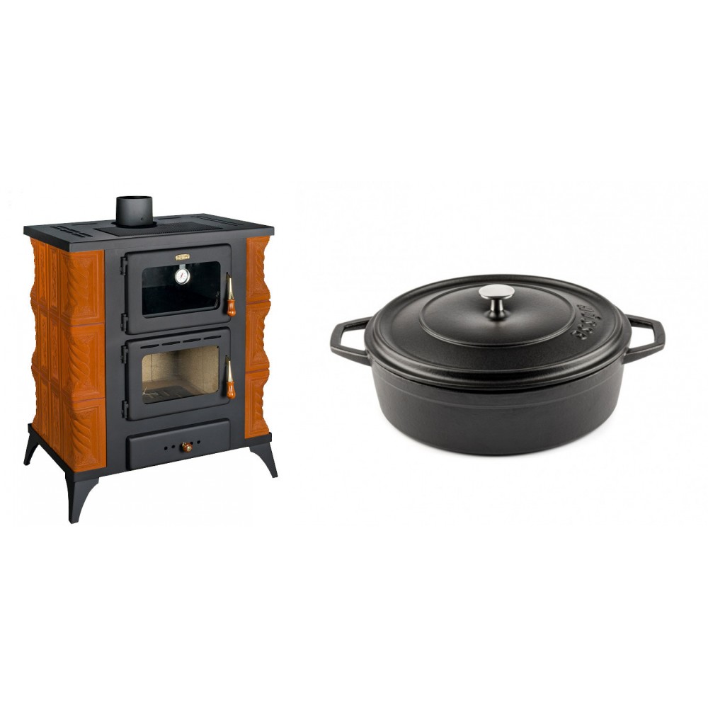 Set Kaminofen, Holzofen mit Backfach Prity, Modell FMS RK, Leistung 12kW, Keramikverkleidung, Füße + Gusseisen Topf Flach Solagio, Black Onyx, Ф26 | Holzofen | Kaminofen |