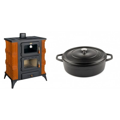 Set Kaminofen, Holzofen mit Backfach Prity, Modell FMS RK, Leistung 12kW, Keramikverkleidung, Füße + Gusseisen Topf Flach Solagio, Black Onyx, Ф26 - Kaminofen - Holzofen mit Backfach