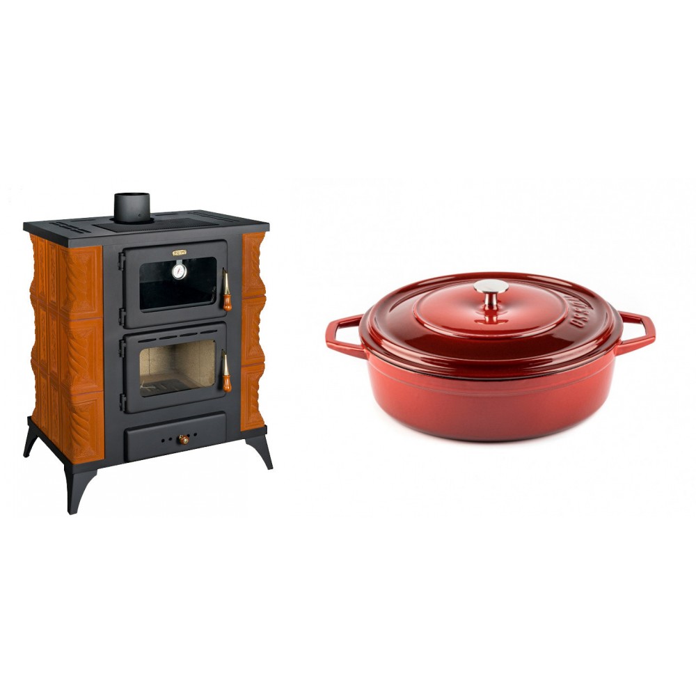 Set Kaminofen, Holzofen mit Backfach Prity, Modell FMS RK, Leistung 12kW, Keramikverkleidung, Füße + Gusseisen Topf Flach Solagio, Rubin, Ф26