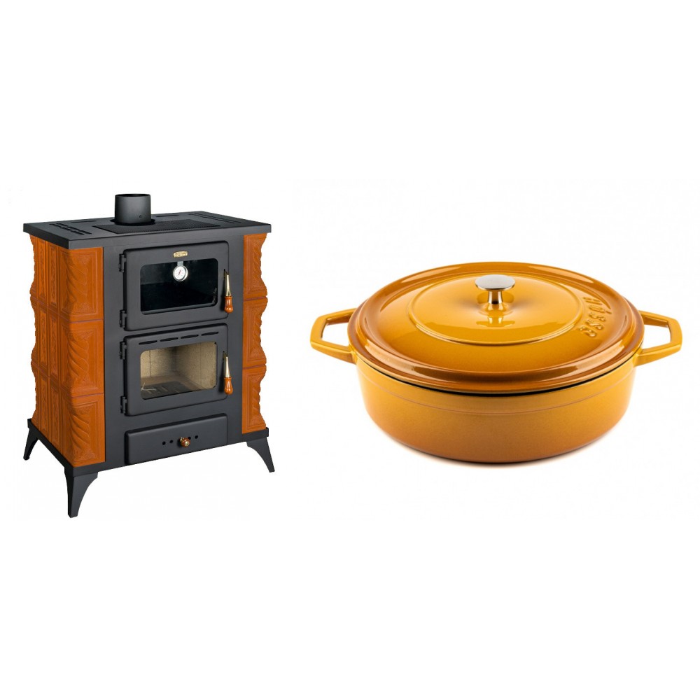 Set Kaminofen, Holzofen mit Backfach Prity, Modell FMS RK, Leistung 12kW, Keramikverkleidung, Füße + Gusseisen Topf Flach Solagio, Dijon, Ф28 | Holzofen | Kaminofen |