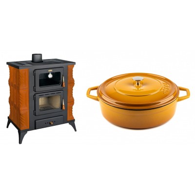 Set Kaminofen, Holzofen mit Backfach Prity, Modell FMS RK, Leistung 12kW, Keramikverkleidung, Füße + Gusseisen Topf Flach Solagio, Dijon, Ф28 - Kaminofen - Holzofen mit Backfach