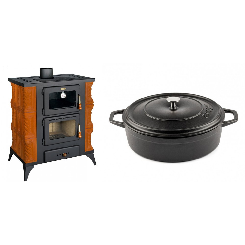 Set Kaminofen, Holzofen mit Backfach Prity, Modell FMS RK, Leistung 12kW, Keramikverkleidung, Füße + Gusseisen Topf Flach Solagio, Black Onyx, Ф28