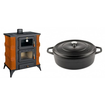 Set Kaminofen, Holzofen mit Backfach Prity, Modell FMS RK, Leistung 12kW, Keramikverkleidung, Füße + Gusseisen Topf Flach Solagio, Black Onyx, Ф28 - Kaminofen - Holzofen mit Backfach