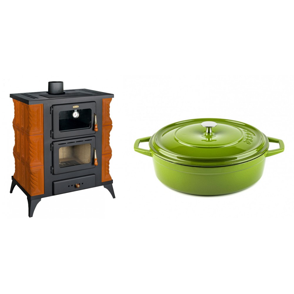 Set Kaminofen, Holzofen mit Backfach Prity, Modell FMS RK, Leistung 12kW, Keramikverkleidung, Füße + Gusseisen Topf Flach Solagio, Bamboo, Ф28 | Holzofen | Kaminofen |