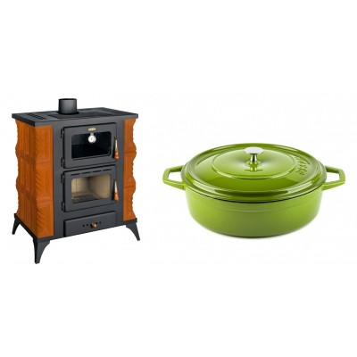 Set Kaminofen, Holzofen mit Backfach Prity, Modell FMS RK, Leistung 12kW, Keramikverkleidung, Füße + Gusseisen Topf Flach Solagio, Bamboo, Ф28 - Kaminofen - Holzofen mit Backfach