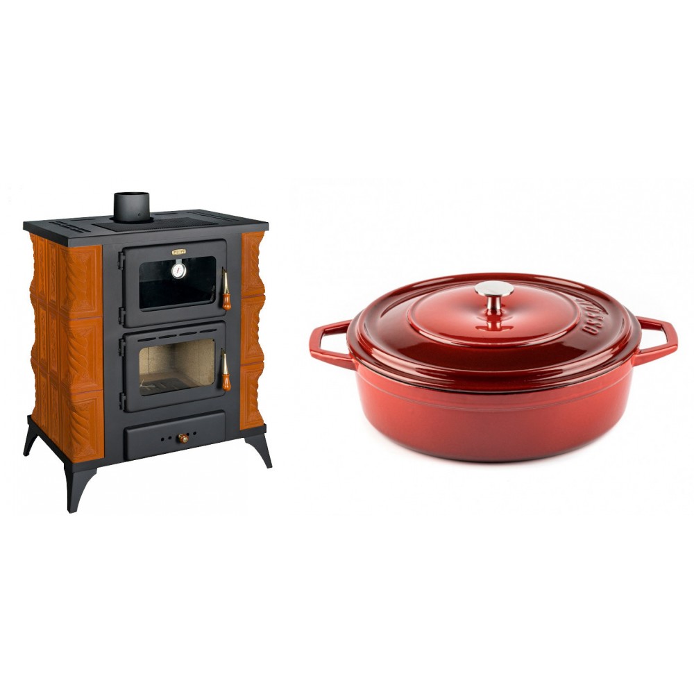 Set Kaminofen, Holzofen mit Backfach Prity, Modell FMS RK, Leistung 12kW, Keramikverkleidung, Füße + Gusseisen Topf Flach Solagio, Rubin, Ф28 | Holzofen | Kaminofen |