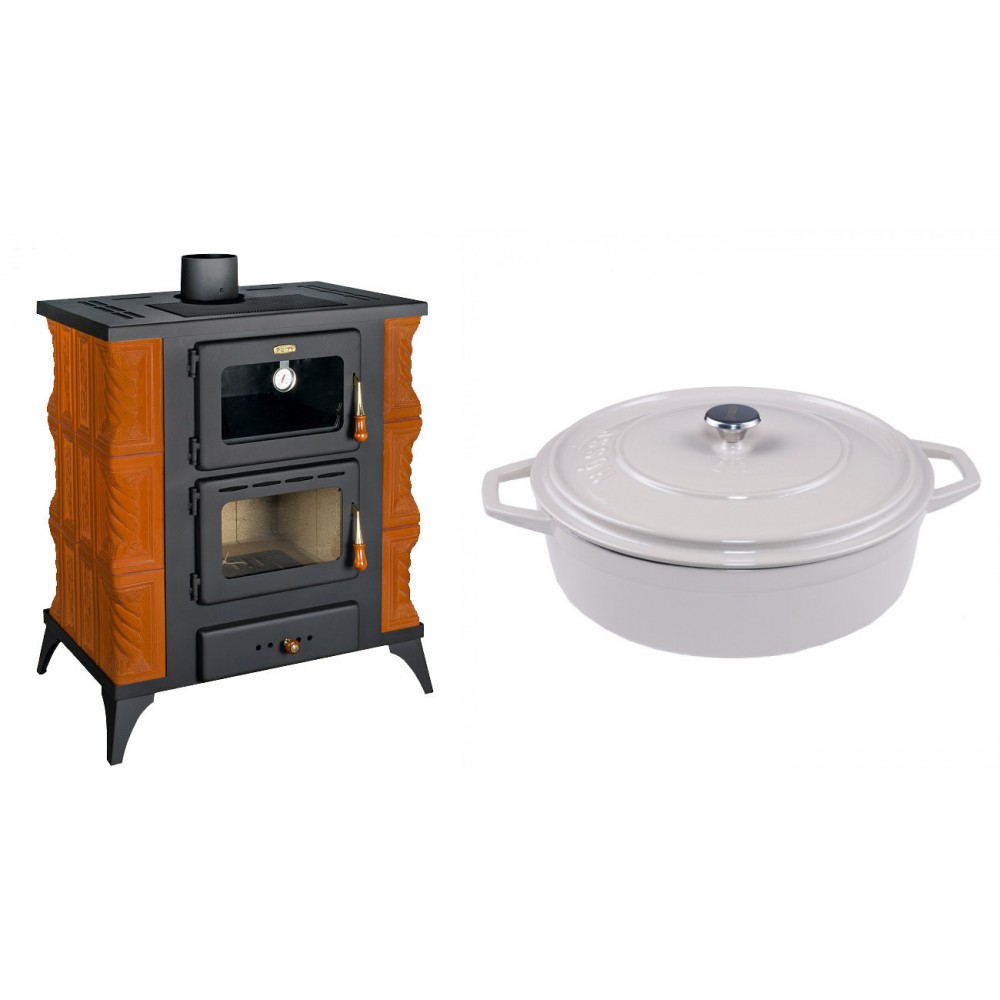 Set Kaminofen, Holzofen mit Backfach Prity, Modell FMS RK, Leistung 12kW, Keramikverkleidung, Füße + Gusseisen Topf Flach Solagio, Ivory, Ф28 | Holzofen | Kaminofen |