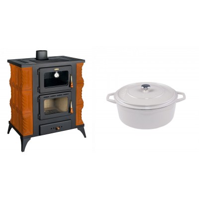 Set Kaminofen, Holzofen mit Backfach Prity, Modell FMS RK, Leistung 12kW, Keramikverkleidung, Füße + Gusseisen Topf Tiefer Solagio, Ivory, Ф20 - Kaminofen - Holzofen mit Backfach