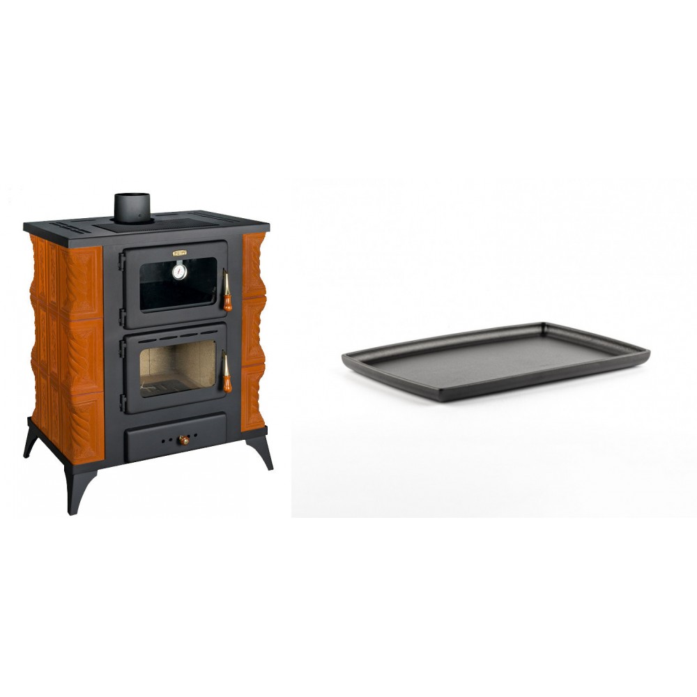 Set Kaminofen, Holzofen mit Backfach Prity, Modell FMS RK, Leistung 12kW, Keramikverkleidung, Füße + Rechteckige Servierplatte aus Gusseisen Solagio, 21x31cm