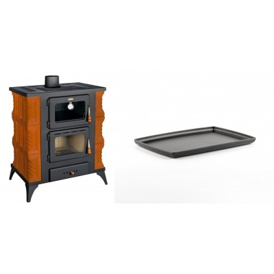 Set Kaminofen, Holzofen mit Backfach Prity, Modell FMS RK, Leistung 12kW, Keramikverkleidung, Füße + Rechteckige Servierplatte aus Gusseisen Solagio, 21x31cm - Kaminofen - Holzofen mit Backfach