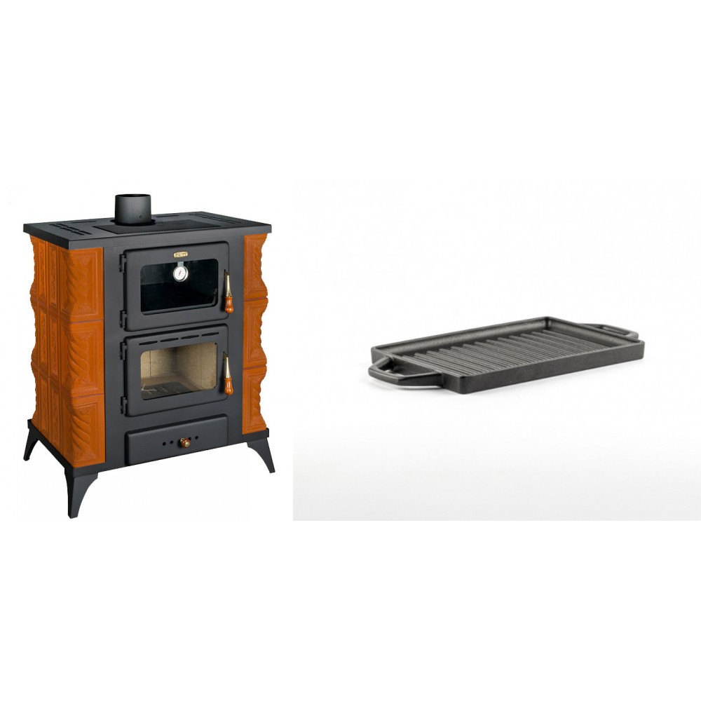 Set Kaminofen, Holzofen mit Backfach Prity, Modell FMS RK, Leistung 12kW, Keramikverkleidung, Füße + Mini-Grillplatte aus Gusseisen Solagio, 15.5x22.5cm | Holzofen | Kaminofen |