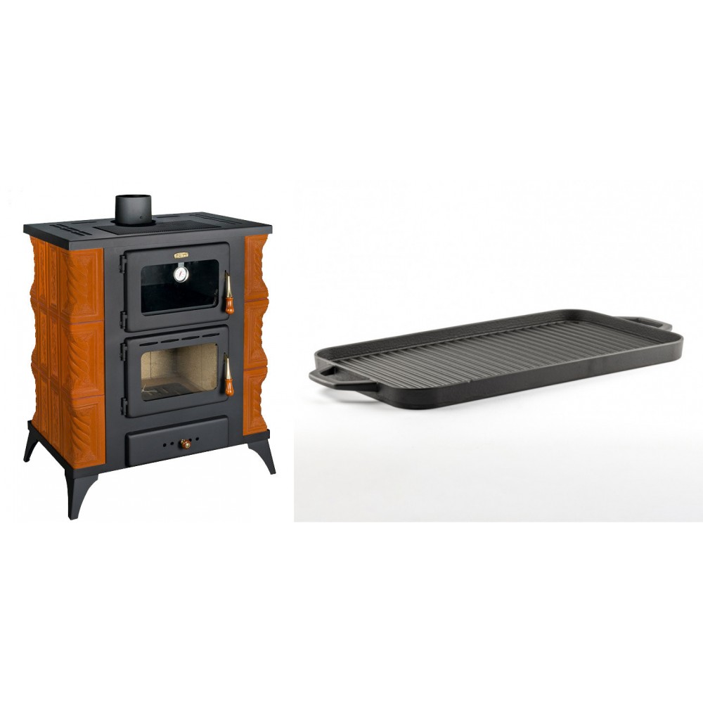 Set Kaminofen, Holzofen mit Backfach Prity, Modell FMS RK, Leistung 12kW, Keramikverkleidung, Füße + Große Grillplatte aus Gusseisen Solagio, 25x44cm | Holzofen | Kaminofen |