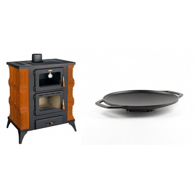 Set Kaminofen, Holzofen mit Backfach Prity, Modell FMS RK, Leistung 12kW, Keramikverkleidung, Füße + Backplatte aus Gusseisen Solagio, Ф28cm - Kaminofen - Holzofen mit Backfach