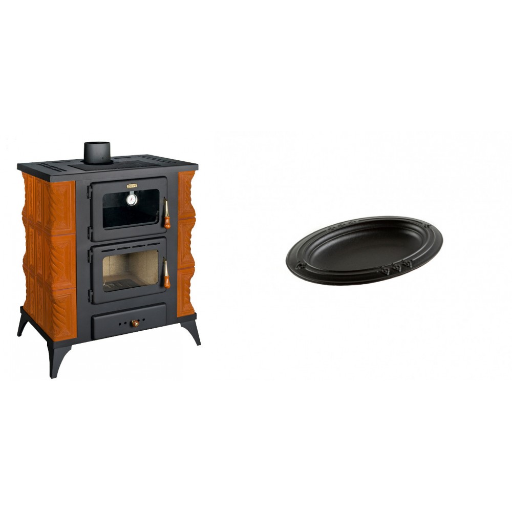 Set Kaminofen, Holzofen mit Backfach Prity, Modell FMS RK, Leistung 12kW, Keramikverkleidung, Füße + Gusseiserne auflaufform Solagio oval, 17x28cm | Holzofen | Kaminofen |