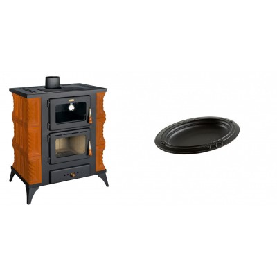 Set Kaminofen, Holzofen mit Backfach Prity, Modell FMS RK, Leistung 12kW, Keramikverkleidung, Füße + Gusseiserne auflaufform Solagio oval, 17x28cm - Kaminofen - Holzofen mit Backfach