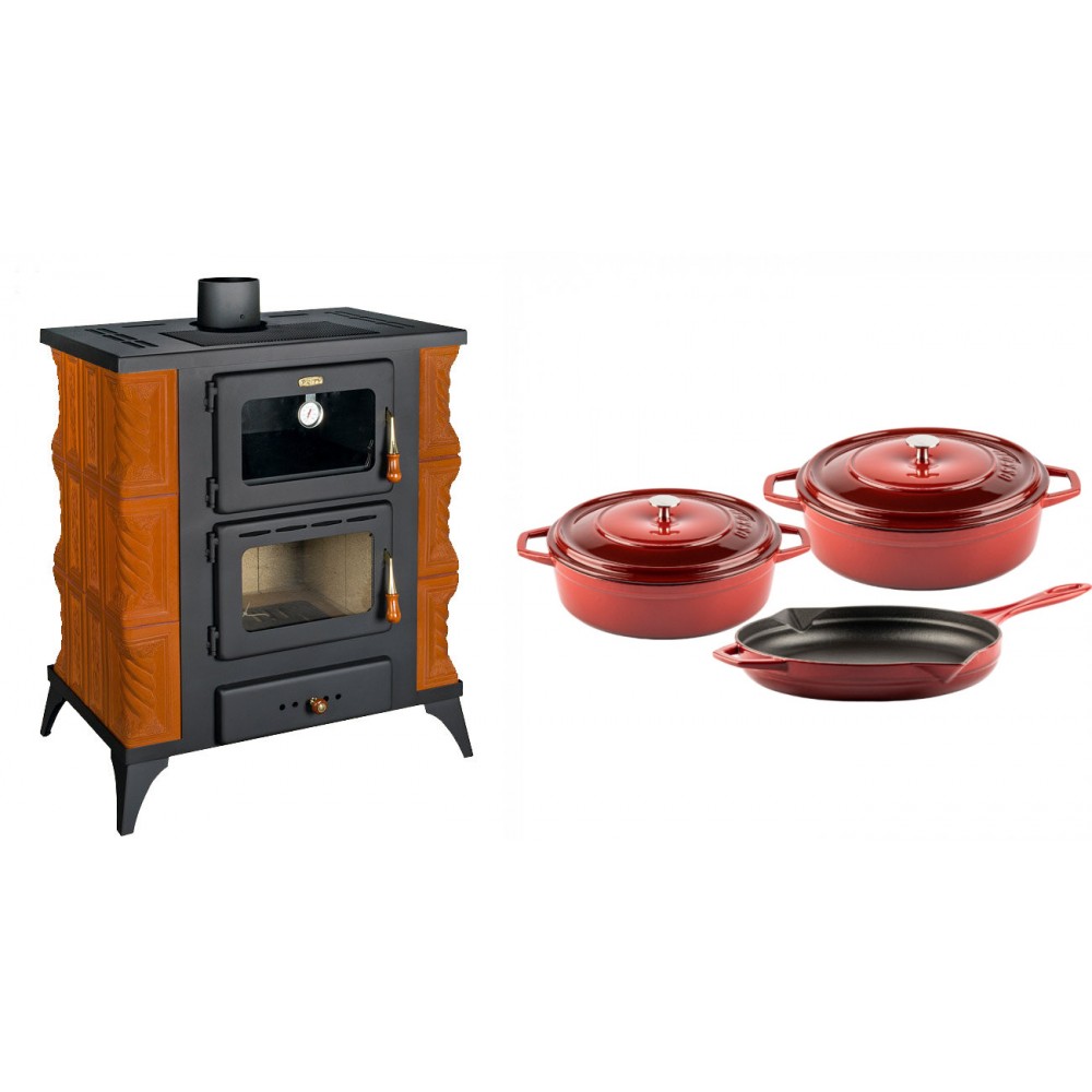 Set Kaminofen, Holzofen mit Backfach Prity, Modell FMS RK, Leistung 12kW, Keramikverkleidung, Füße + Gusseisen Topf Set aus 3 teilen Solagio, Rubin