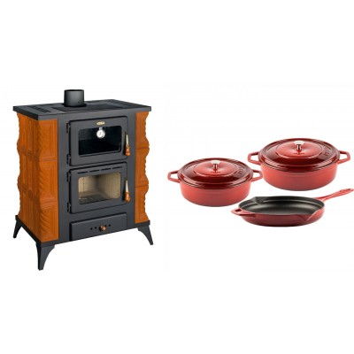 Set Kaminofen, Holzofen mit Backfach Prity, Modell FMS RK, Leistung 12kW, Keramikverkleidung, Füße + Gusseisen Topf Set aus 3 teilen Solagio, Rubin - Kaminofen - Holzofen mit Backfach