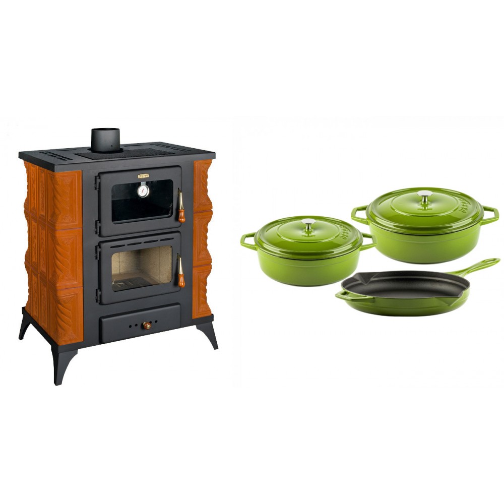 Set Kaminofen, Holzofen mit Backfach Prity, Modell FMS RK, Leistung 12kW, Keramikverkleidung, Füße + Gusseisen Topf Set aus 3 teilen Solagio, Bamboo