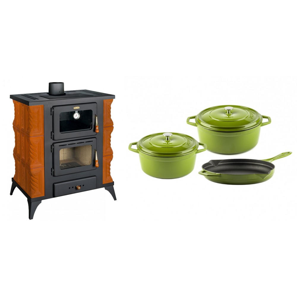 Set Kaminofen, Holzofen mit Backfach Prity, Modell FMS RK, Leistung 12kW, Keramikverkleidung, Füße + Gusseisen Topf Set aus 3 teilen Solagio, Bamboo