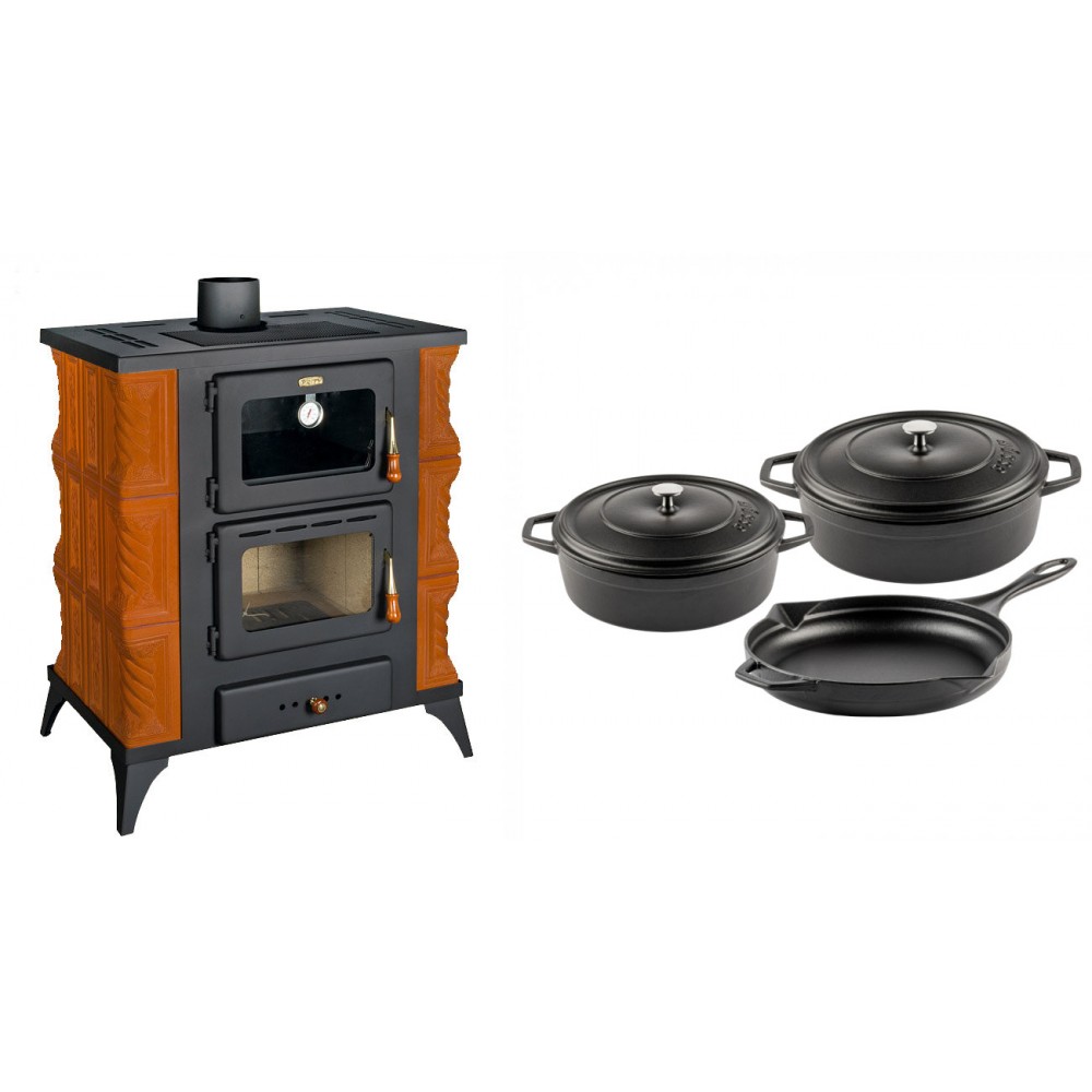 Set Kaminofen, Holzofen mit Backfach Prity, Modell FMS RK, Leistung 12kW, Keramikverkleidung, Füße + Gusseisen Topf Set aus 3 teilen Solagio, Black Onyx | Holzofen | Kaminofen |