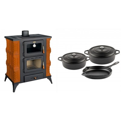 Set Kaminofen, Holzofen mit Backfach Prity, Modell FMS RK, Leistung 12kW, Keramikverkleidung, Füße + Gusseisen Topf Set aus 3 teilen Solagio, Black Onyx - Kaminofen - Holzofen mit Backfach
