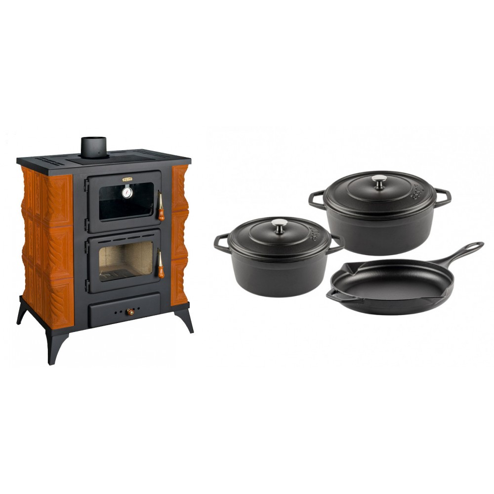 Set Kaminofen, Holzofen mit Backfach Prity, Modell FMS RK, Leistung 12kW, Keramikverkleidung, Füße + Gusseisen Topf Set aus 3 teilen Solagio, Black Onyx