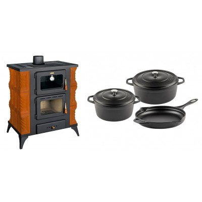 Set Kaminofen, Holzofen mit Backfach Prity, Modell FMS RK, Leistung 12kW, Keramikverkleidung, Füße + Gusseisen Topf Set aus 3 teilen Solagio, Black Onyx - Kaminofen - Holzofen mit Backfach
