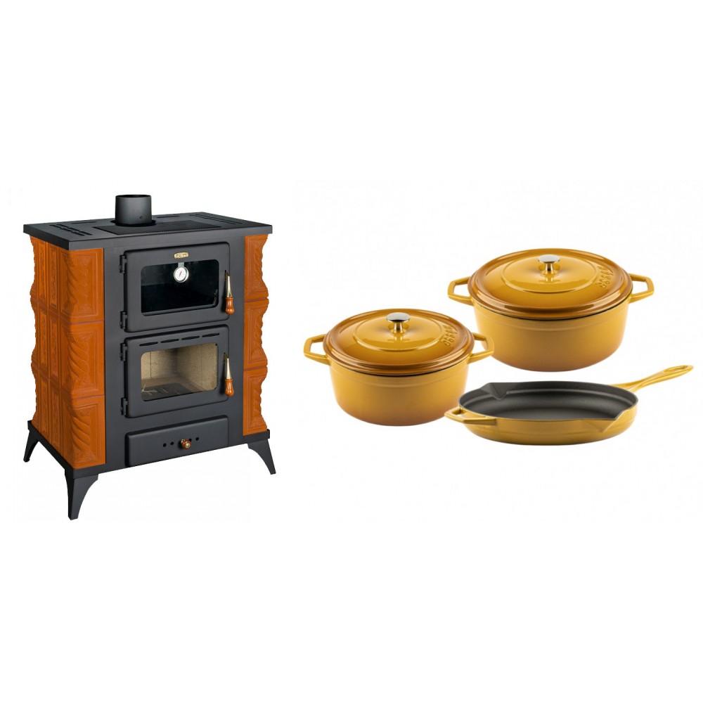 Set Kaminofen, Holzofen mit Backfach Prity, Modell FMS RK, Leistung 12kW, Keramikverkleidung, Füße + Gusseisen Topf Set aus 3 teilen Solagio, Dijon | Holzofen | Kaminofen |