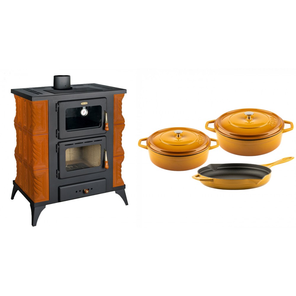 Set Kaminofen, Holzofen mit Backfach Prity, Modell FMS RK, Leistung 12kW, Keramikverkleidung, Füße + Gusseisen Topf Set aus 3 teilen Solagio, Dijon