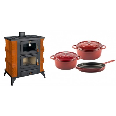 Set Kaminofen, Holzofen mit Backfach Prity, Modell FMS RK, Leistung 12kW, Keramikverkleidung, Füße + Gusseisen Topf Set aus 3 teilen Solagio, Rubin - Kaminofen - Holzofen mit Backfach