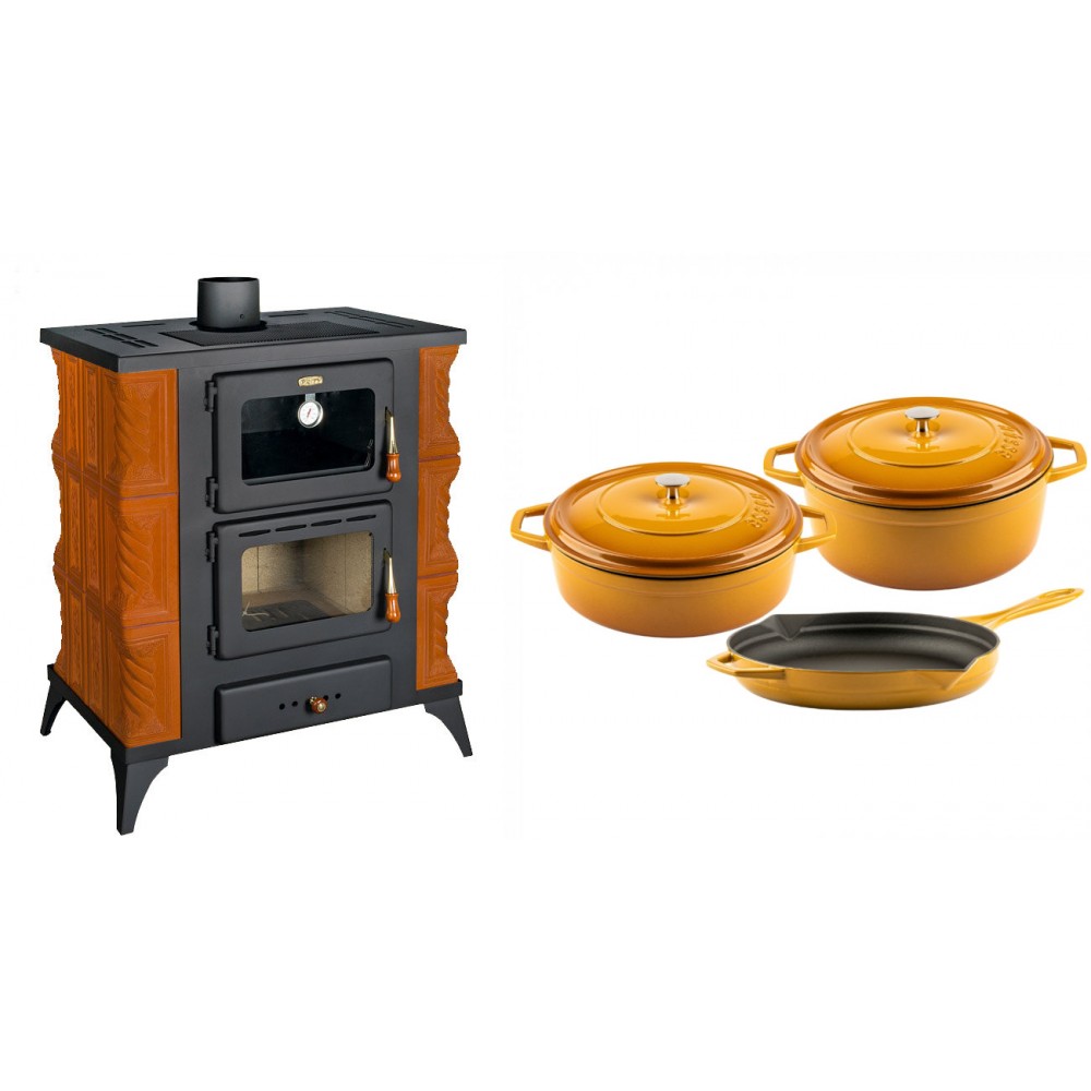 Set Kaminofen, Holzofen mit Backfach Prity, Modell FMS RK, Leistung 12kW, Keramikverkleidung, Füße + Gusseisen Topf Set aus 3 teilen Solagio, Dijon