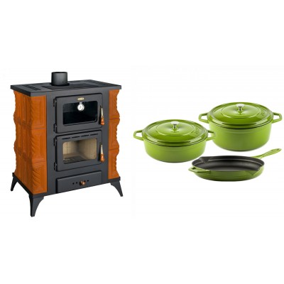 Set Kaminofen, Holzofen mit Backfach Prity, Modell FMS RK, Leistung 12kW, Keramikverkleidung, Füße + Gusseisen Topf Set aus 3 teilen Solagio, Bamboo - Kaminofen - Holzofen mit Backfach