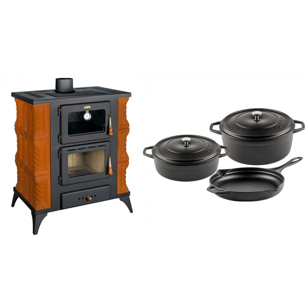 Set Kaminofen, Holzofen mit Backfach Prity, Modell FMS RK, Leistung 12kW, Keramikverkleidung, Füße + Gusseisen Topf Set aus 3 teilen Solagio, Black Onyx | Holzofen | Kaminofen |
