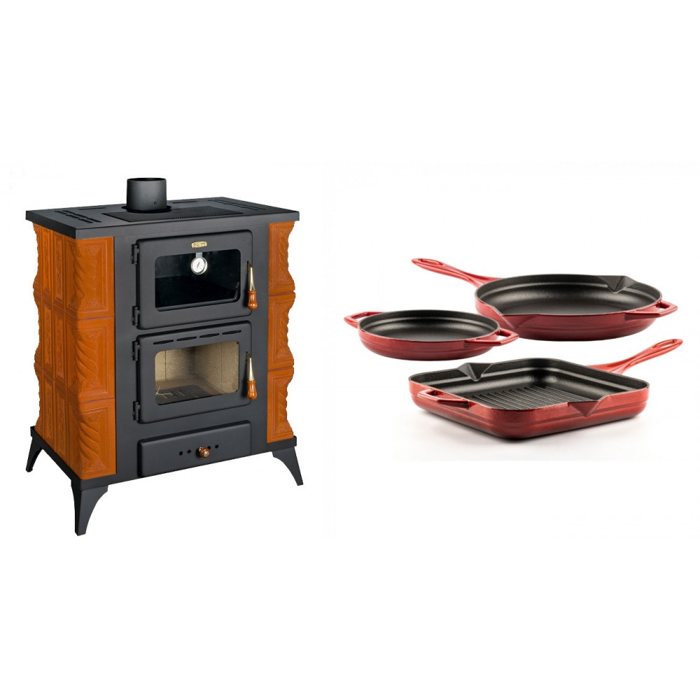 Set Kaminofen, Holzofen mit Backfach Prity, Modell FMS RK, Leistung 12kW, Keramikverkleidung, Füße + Gusseisen Topf Set aus 3 teilen Solagio, Rubin