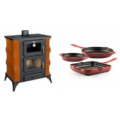 Set Kaminofen, Holzofen mit Backfach Prity, Modell FMS RK, Leistung 12kW, Keramikverkleidung, Füße + Gusseisen Topf Set aus 3 teilen Solagio, Rubin - Kaminofen - Holzofen mit Backfach