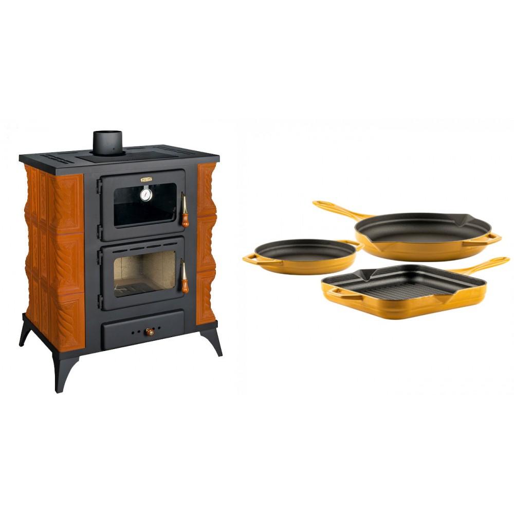 Set Kaminofen, Holzofen mit Backfach Prity, Modell FMS RK, Leistung 12kW, Keramikverkleidung, Füße + Gusseisen Topf Set aus 3 teilen Solagio, Dijon | Holzofen | Kaminofen |