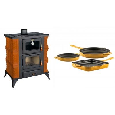 Set Kaminofen, Holzofen mit Backfach Prity, Modell FMS RK, Leistung 12kW, Keramikverkleidung, Füße + Gusseisen Topf Set aus 3 teilen Solagio, Dijon - Kaminofen - Holzofen mit Backfach