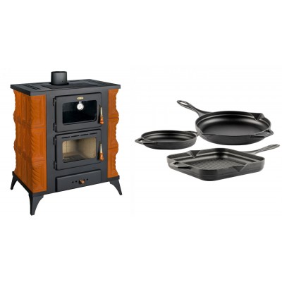 Set Kaminofen, Holzofen mit Backfach Prity, Modell FMS RK, Leistung 12kW, Keramikverkleidung, Füße + Gusseisen Topf Set aus 3 teilen Solagio, Black Onyx - Kaminofen - Holzofen mit Backfach