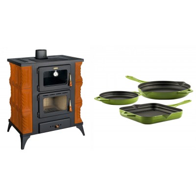 Set Kaminofen, Holzofen mit Backfach Prity, Modell FMS RK, Leistung 12kW, Keramikverkleidung, Füße + Gusseisen Topf Set aus 3 teilen Solagio, Bamboo - Kaminofen - Holzofen mit Backfach