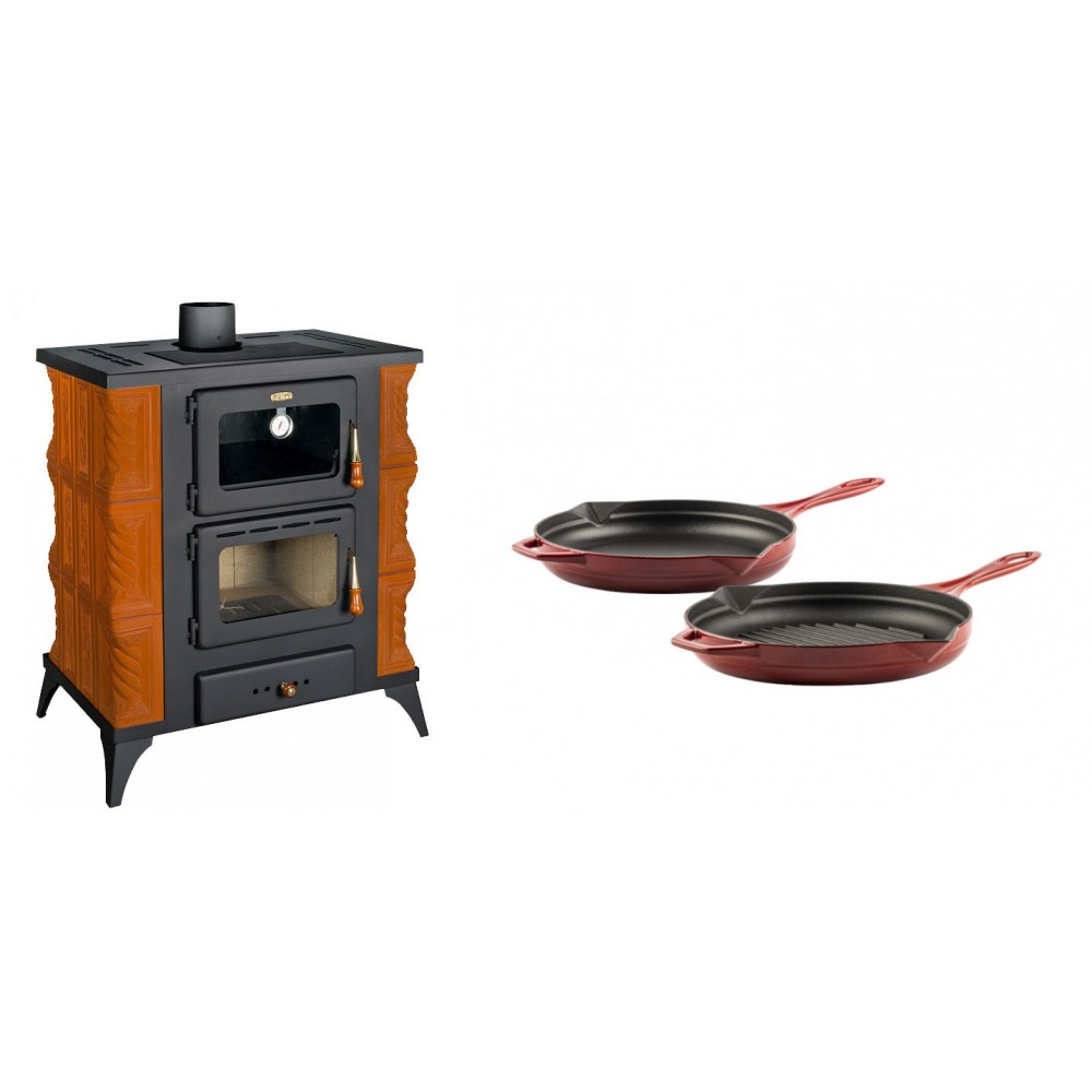 Set Kaminofen, Holzofen mit Backfach Prity, Modell FMS RK, Leistung 12kW, Keramikverkleidung, Füße + Gusseisen Topf Set aus 2 teilen Solagio, Rubin