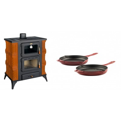 Set Kaminofen, Holzofen mit Backfach Prity, Modell FMS RK, Leistung 12kW, Keramikverkleidung, Füße + Gusseisen Topf Set aus 2 teilen Solagio, Rubin - Kaminofen - Holzofen mit Backfach