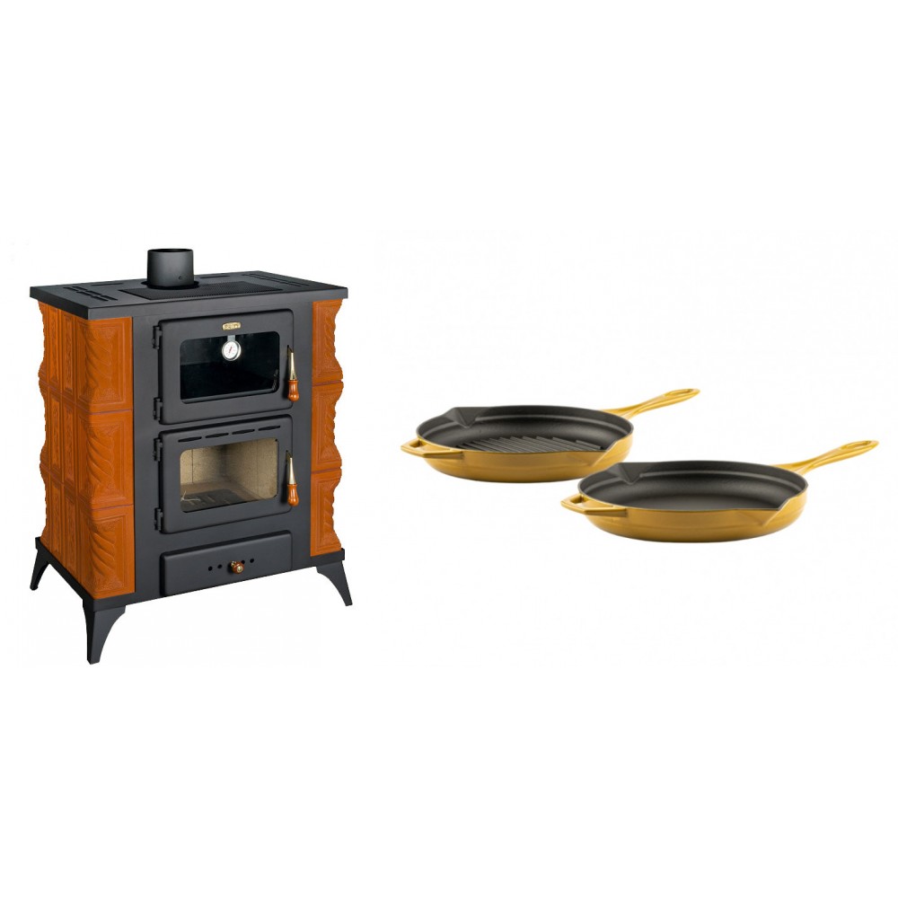 Set Kaminofen, Holzofen mit Backfach Prity, Modell FMS RK, Leistung 12kW, Keramikverkleidung, Füße + Gusseisen Topf Set aus 2 teilen Solagio, Dijon