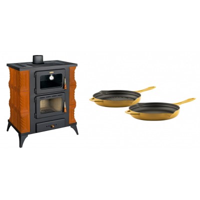 Set Kaminofen, Holzofen mit Backfach Prity, Modell FMS RK, Leistung 12kW, Keramikverkleidung, Füße + Gusseisen Topf Set aus 2 teilen Solagio, Dijon - Kaminofen - Holzofen mit Backfach