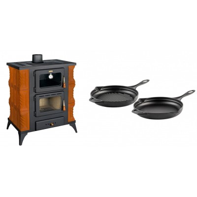 Set Kaminofen, Holzofen mit Backfach Prity, Modell FMS RK, Leistung 12kW, Keramikverkleidung, Füße + Gusseisen Topf Set aus 2 teilen Solagio, Black Onyx - Kaminofen - Holzofen mit Backfach