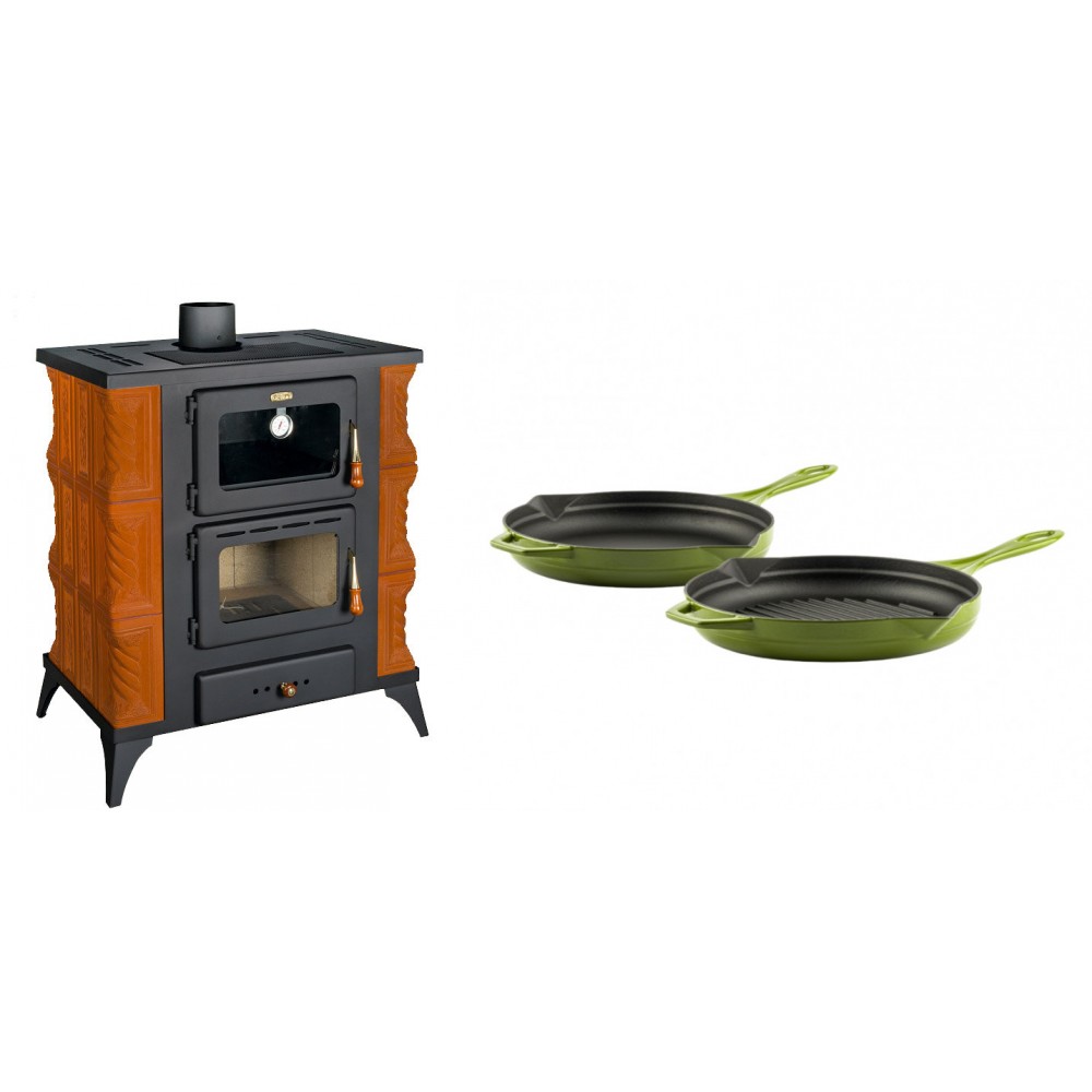 Set Kaminofen, Holzofen mit Backfach Prity, Modell FMS RK, Leistung 12kW, Keramikverkleidung, Füße + Gusseisen Topf Set aus 2 teilen Solagio, Bamboo