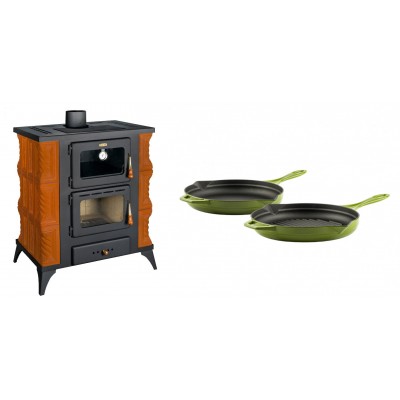 Set Kaminofen, Holzofen mit Backfach Prity, Modell FMS RK, Leistung 12kW, Keramikverkleidung, Füße + Gusseisen Topf Set aus 2 teilen Solagio, Bamboo - Kaminofen - Holzofen mit Backfach