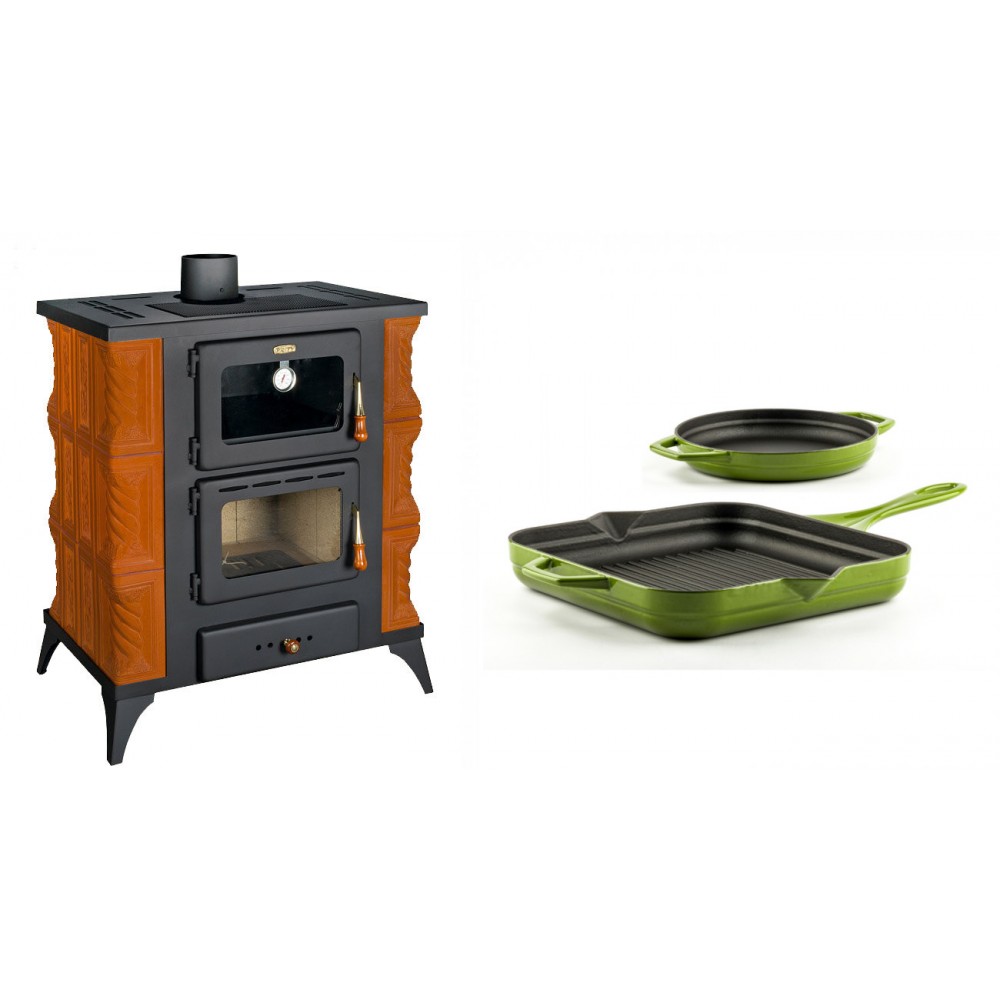 Set Kaminofen, Holzofen mit Backfach Prity, Modell FMS RK, Leistung 12kW, Keramikverkleidung, Füße + Gusseisen Topf Set aus 2 teilen Solagio, Bamboo